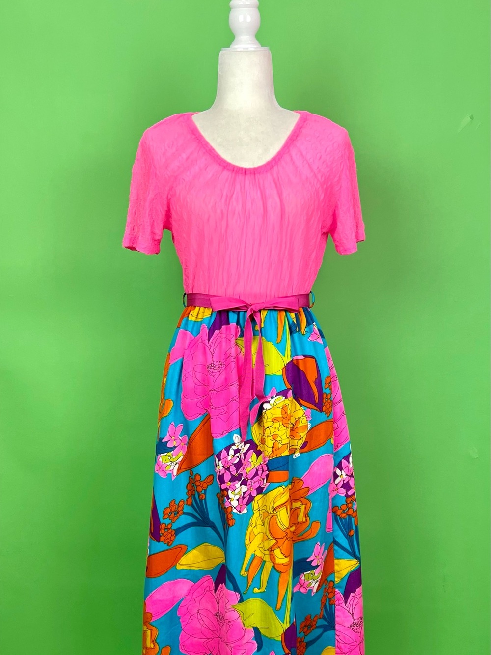 Vintage 60s Neon Hawaiian Floral Maxi Dress Size Medium